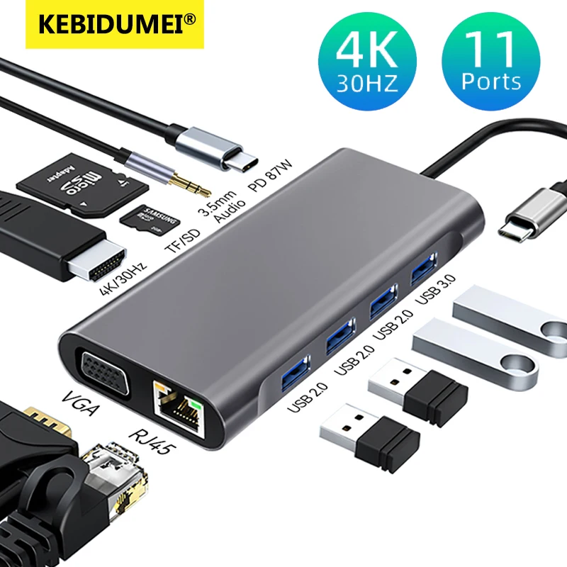 11 Ports USB C HUB Docking Station RJ45 Adapter to HDMI-Compatible 4K VGA SD/TF Card 3.5MM AUX 11-in-1 for PC Laptop Splitter