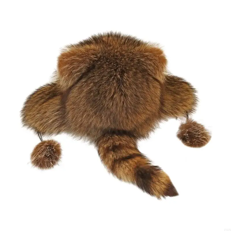 

P88B Fashion Plush Hat for Adult Children Camping Travel Raccoon Tail Mongolian Hat