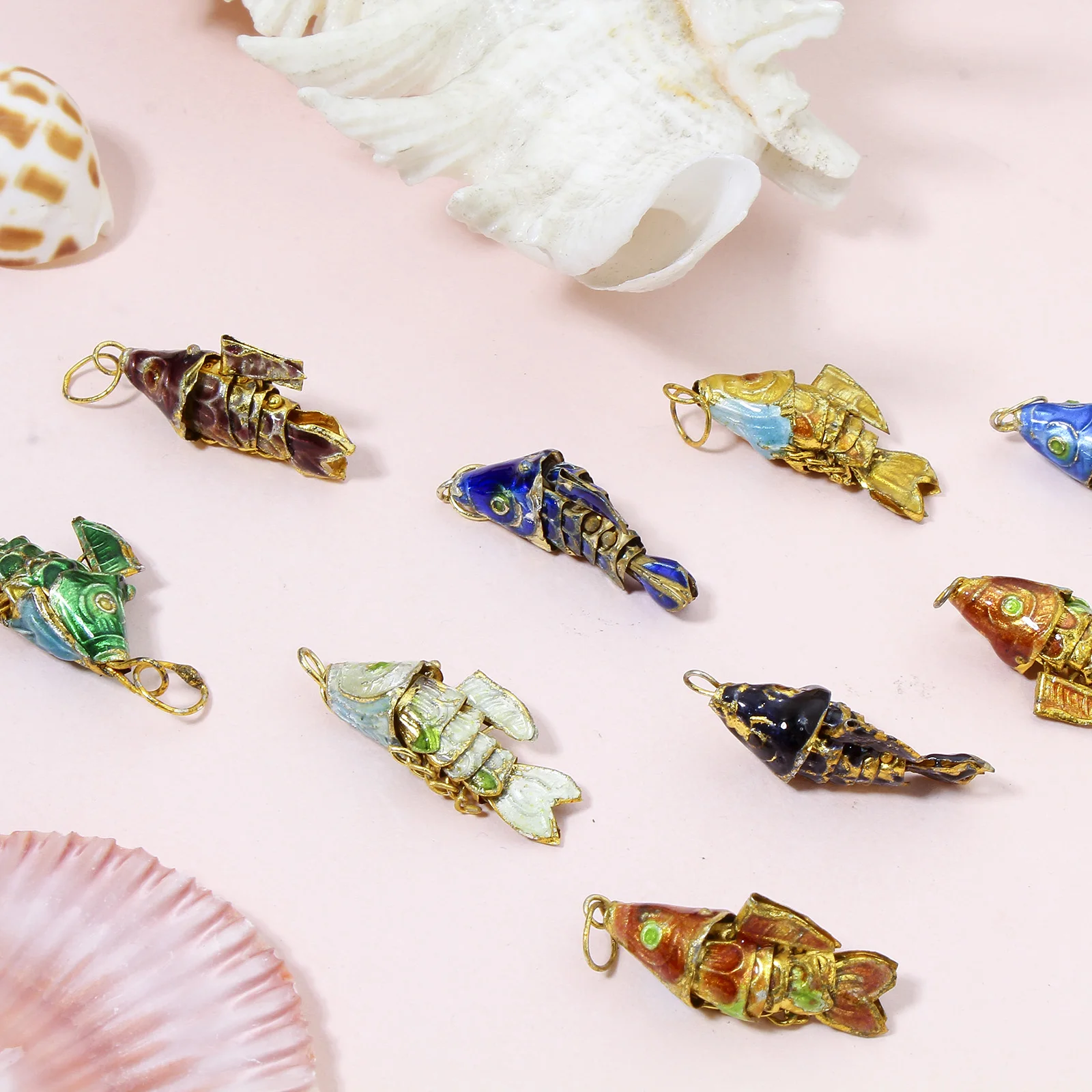 1 Piece Fish Animal Movable 3D Mini Pendants Gold Plated Multicolor Brass Ocean Jewelry Charms for DIY Necklace  28mm x 8mm