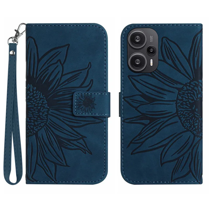 Sun Flower Flip Cover Case on For Xiaomi Poco M5 C55 F5 X5 Pro M5s C50 C51 PocoF5 PocoX5 5G Leather Cases Pattern Phone Shell