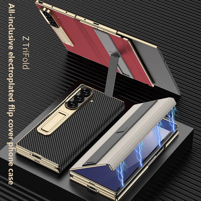

For Samsung Galaxy Z TriFold Case Luxury PU Leather Bracket Stand Glass Film Protective Back Cover For Z TriFold 5G Phone Shell