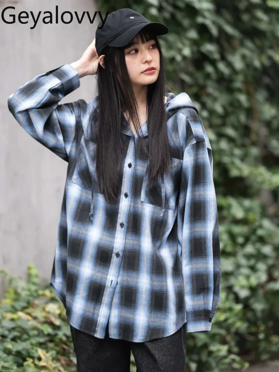 

New Spring and Autumn Plaid Loose-Fit Hooded BF Style Casual Shirt American Sweet Cool Vibe Long-Sleeved Versatile Tops