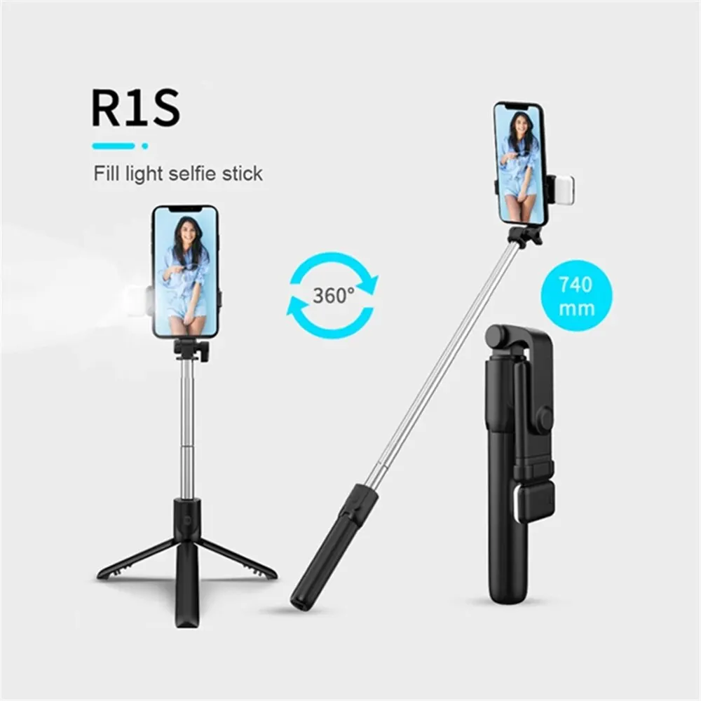 R1 Selfie Stick Support de téléphone portable, mini trépied portable rétractable avec obturateur à distance Bluetooth sans fil et lumière LED selfie