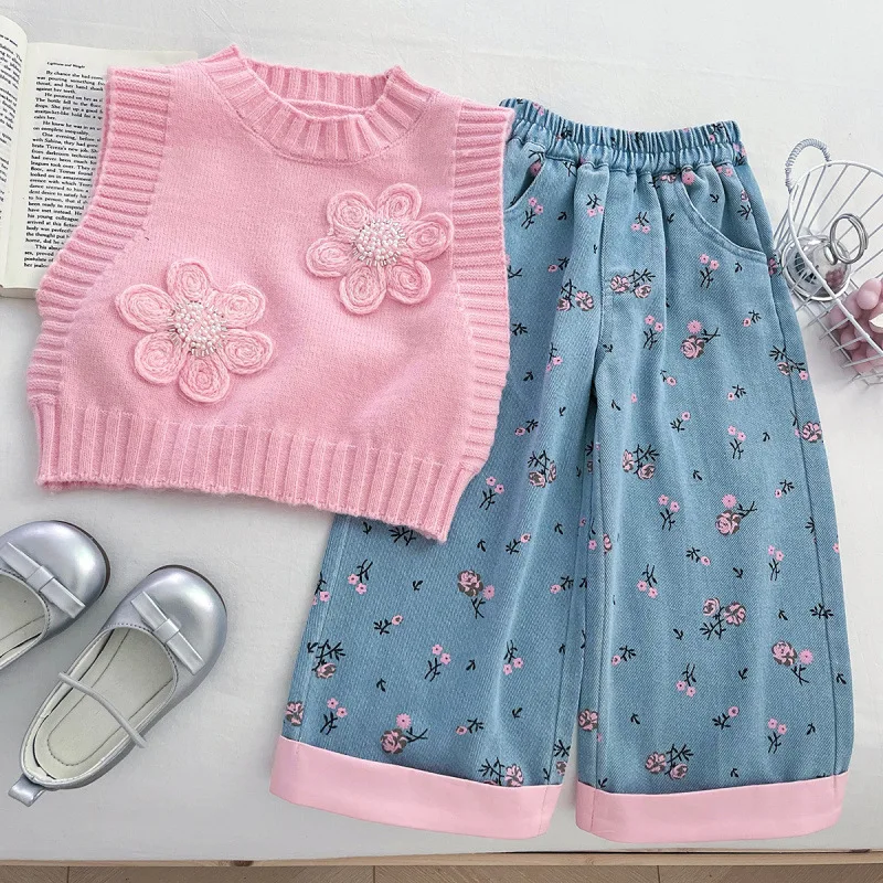 

Children's Set New Autumn Girl Baby Pink Flower Sweater Shirt Denim Pants Refreshing Temperament Three-Piece Set