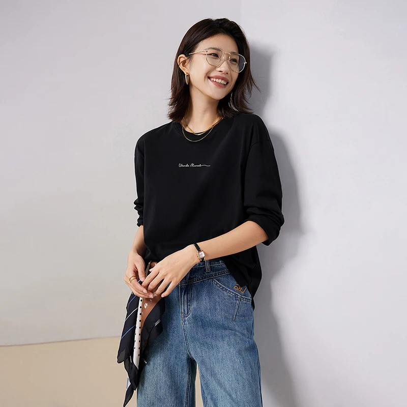 

Toyouth Women Tees 2023 Autumn Long Sleeves O Neck Loose T-shirt 100% Cotton Letter Print Casual Simple Basic Four Colors Tops