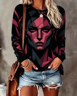 Women's Face Top Black Red Abstract Print Long Sleeve Round Neck T Shirt
