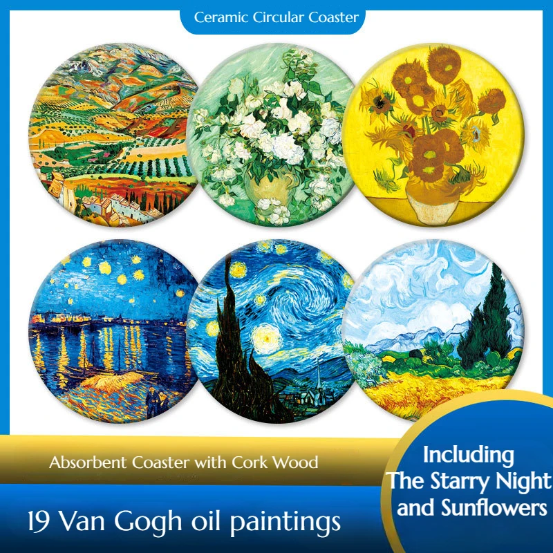 Van Gogh Oil Painting Circular Coaster Ceramic Absorbent Table Mat with Cork Wood Creative Dining Table Decorations