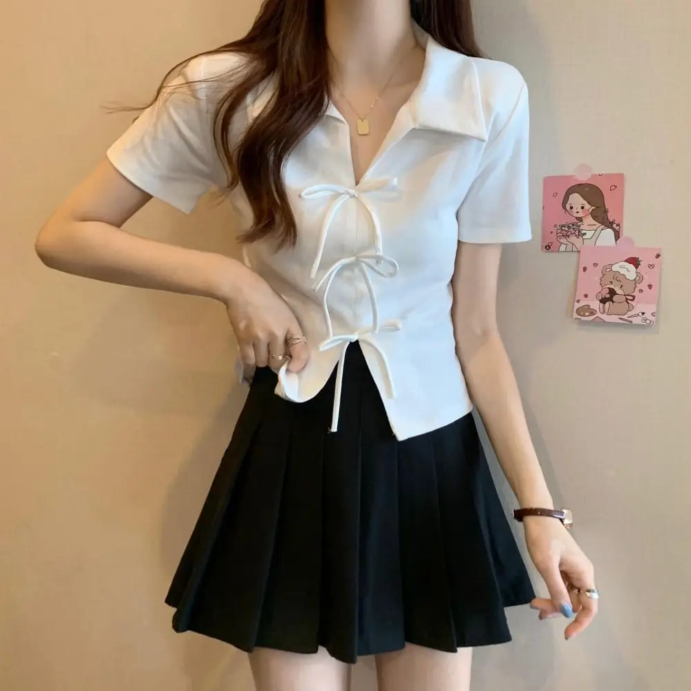 

Fashion Spicy Girls Bowknot Polo T-shirt Ins Style V Neck Y2k Crop Top Women Slim Sweet Short Sleeved T Shirts Girl