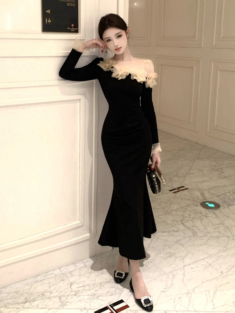 レトロな3D花柄ブラックロングスリーブドレス、セクシーなシースルーメッシュスプライス、スリムフィットボディコン、マーメイドヘムドレス、パーティー、プロム、ベスティド、ローブ、ガウン