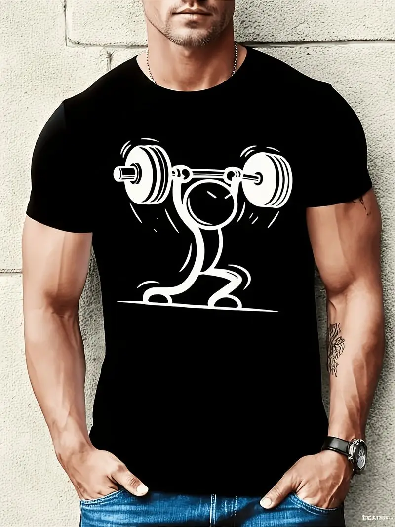 Men's 2026 New Barbell Muscle Print T-Shirt Breathable Gym Tee Dumbbell Short Sleeve Regular Fit Weightlifting Bodybuilding