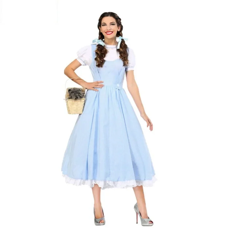 Womens Wizard Of Oz Dorothy Costume Adult Fairytale Character Blue Gingham Maid Dress Outfit Cosplay Halloween Costumes