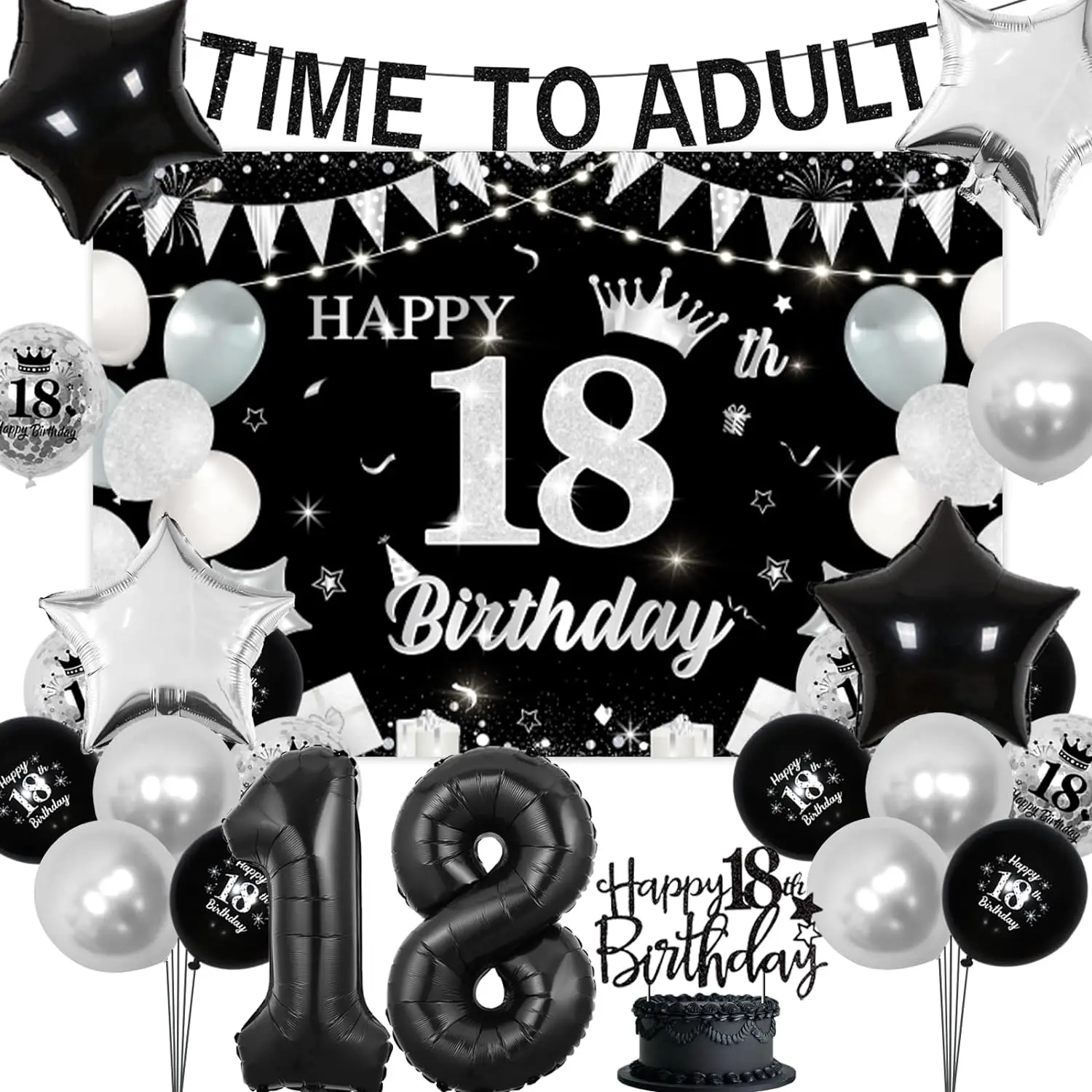 

18th Birthday Decor Time to Adult 18 Years Old Happy 18th Birthday Cake Topper Backdrop Banner Star Foil Balloons for Boys Girls