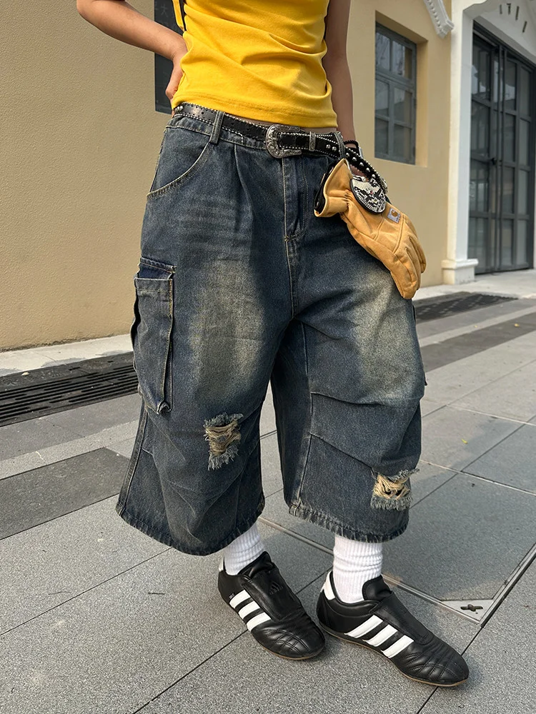 Calças de Denim Americanas Retro Lavadas para Homens e Mulheres, Shorts Largos e Soltos de Verão, Confortáveis e Respiráveis