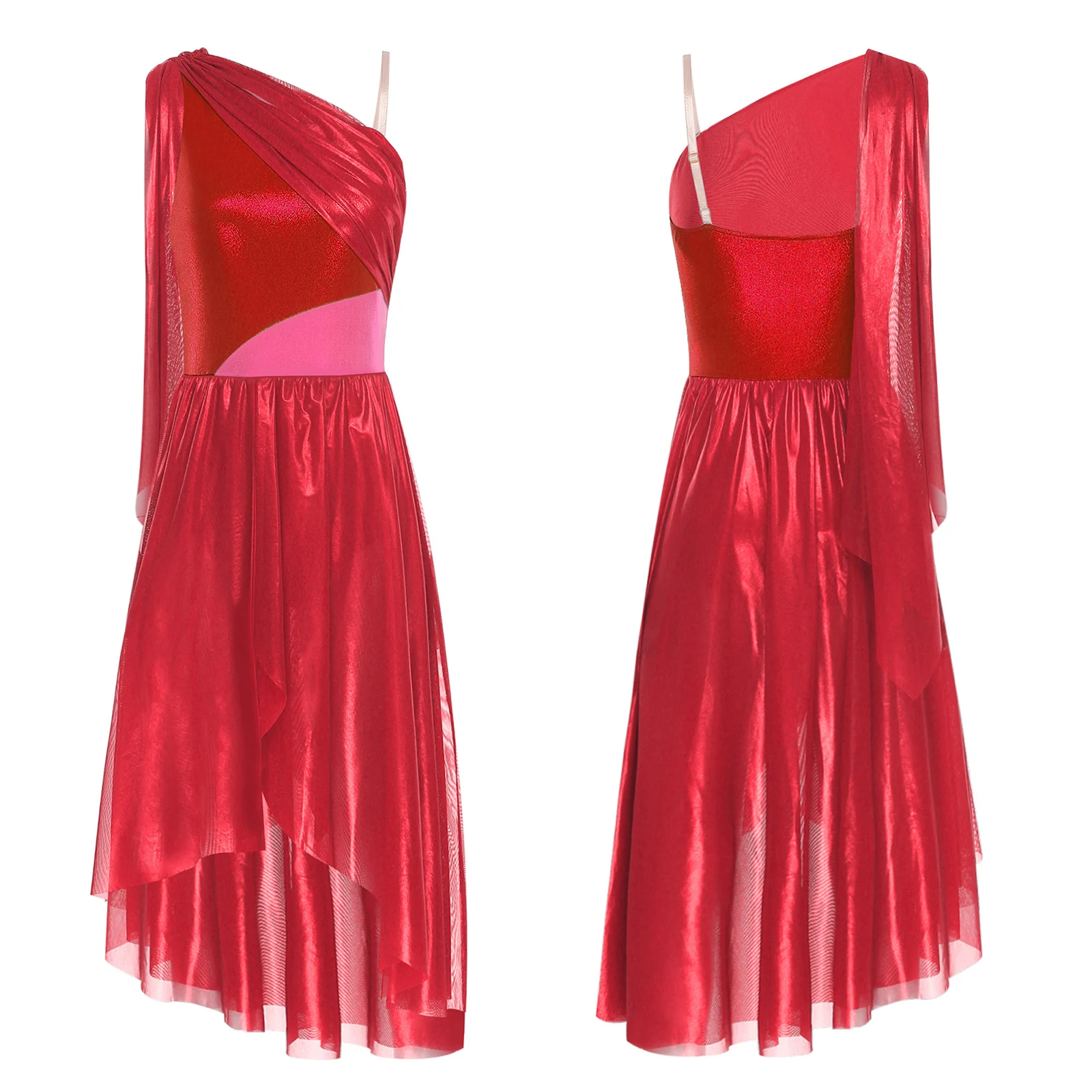 

New Women Contemporary Lyrical Dance Costume Sleeveless Ruffled Drape Metallic Color Block Bodice Asymmetrical Split Tulle Dress