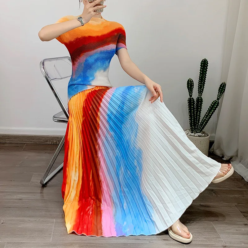 2023 Summer Pleated Set Printed Handmade Pleated Short Sleeve Top+A-Line Pleated Half-length Dress Two Piece Fashion Women Dress