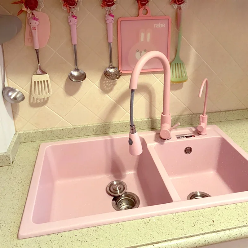 Fregadero de piedra de cuarzo rosa claro y amarillo claro, fregadero doble, cocina, lavabo para verduras, lavabo, piscina de color granito, bajo encimera