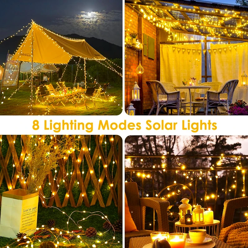 Guirnalda de luces solares para exteriores, luces LED de hadas impermeables, 8 modos, guirnalda Solar de Navidad para jardín, Patio, árbol, decoración de boda