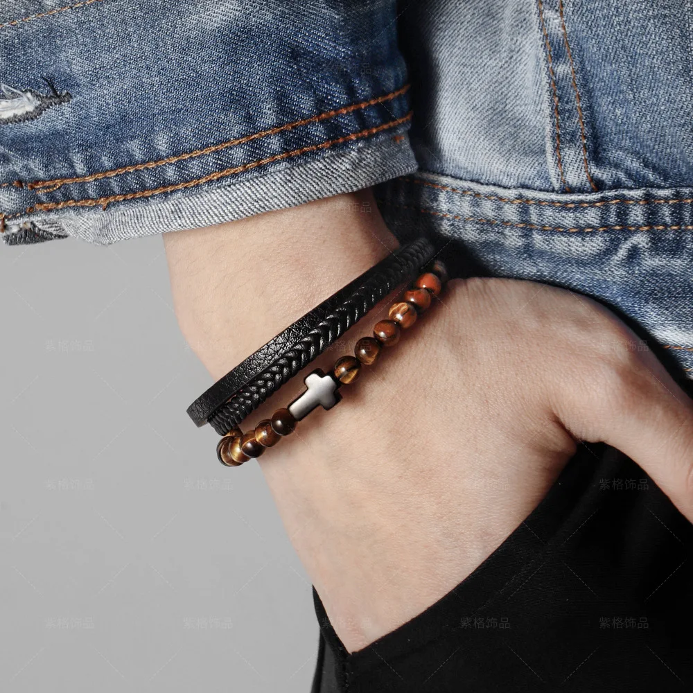 316L Stainless Steel Volcanic Stone Beaded Leather Bracelet For Men Tiger Eye Lava Agates Beads Multilayer Mens Beads Bracelet