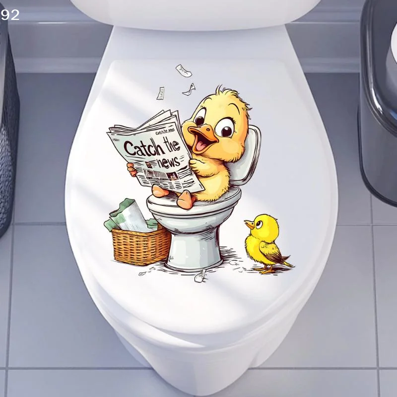 Funny Yellow Duck Reading Newspaper Toilet Lid Decal Sticker Wallpapers Wall Stickers For Bathroom Decor Self-Adhesive