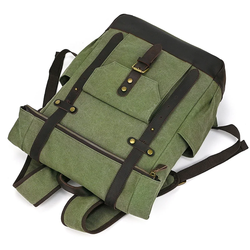 High Quality Leather Canvas Backpack Crazy Horse Leather Backpack For Mens Big Capacity Travel Bag Laptop Backpacks Army Green