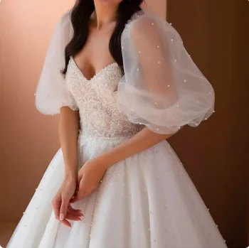 女士泡泡袖手套,珍珠點綴,白色黑色,可拆卸,適合新娘婚紗 8 最佳銷售 正式禮服的可拆式袖子 - №3