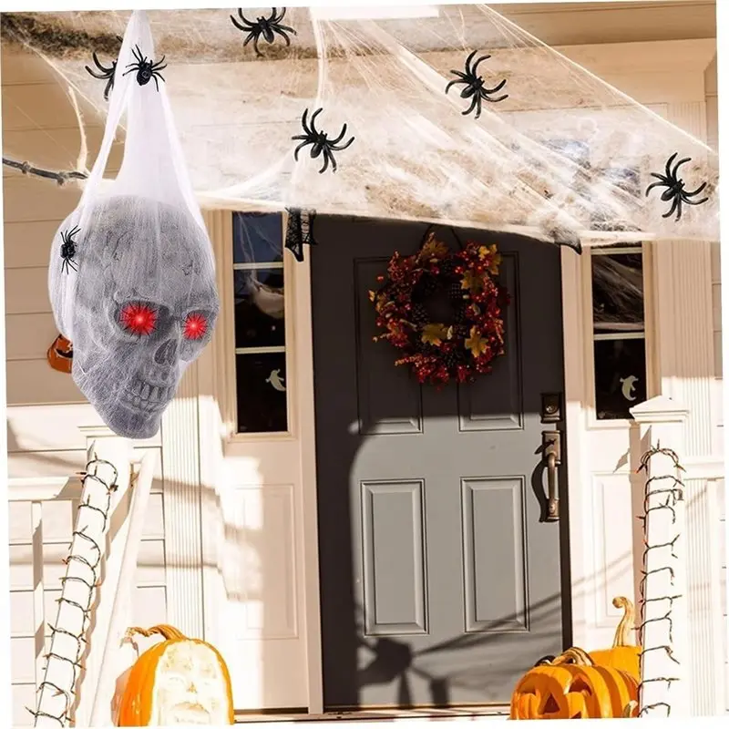 ABNL Halloween Decorations Animatronics Skull Head With Light Up Eyes, Cobwebs And Spiders Scary Horror For Haunted House Party view 4