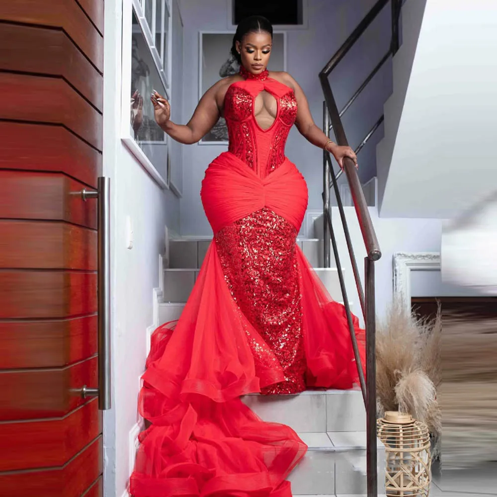 Impresionantes vestidos de fiesta de sirena roja, vestido de noche Sexy de talla grande con cuello alto para mujeres africanas, vestidos largos de cumpleaños de tul y lentejuelas