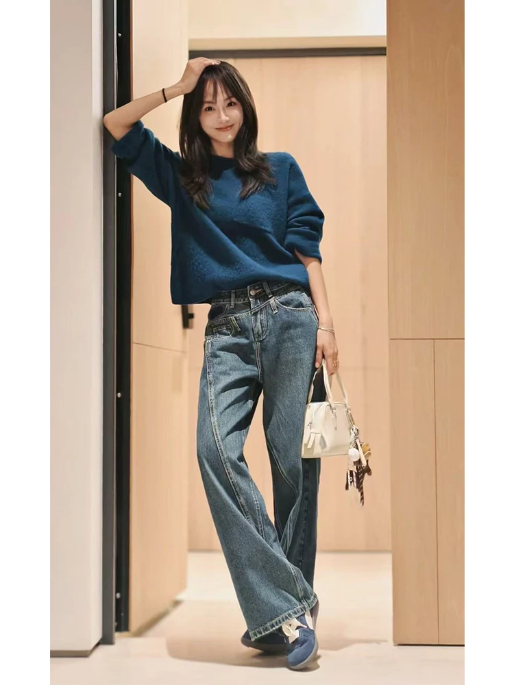 

Джинсы MeiYang Twin с высокой талией, свободные широкие брюки, асимметричные деконструкции, повседневные синие джинсы с завышенной талией, женские премиум-класса