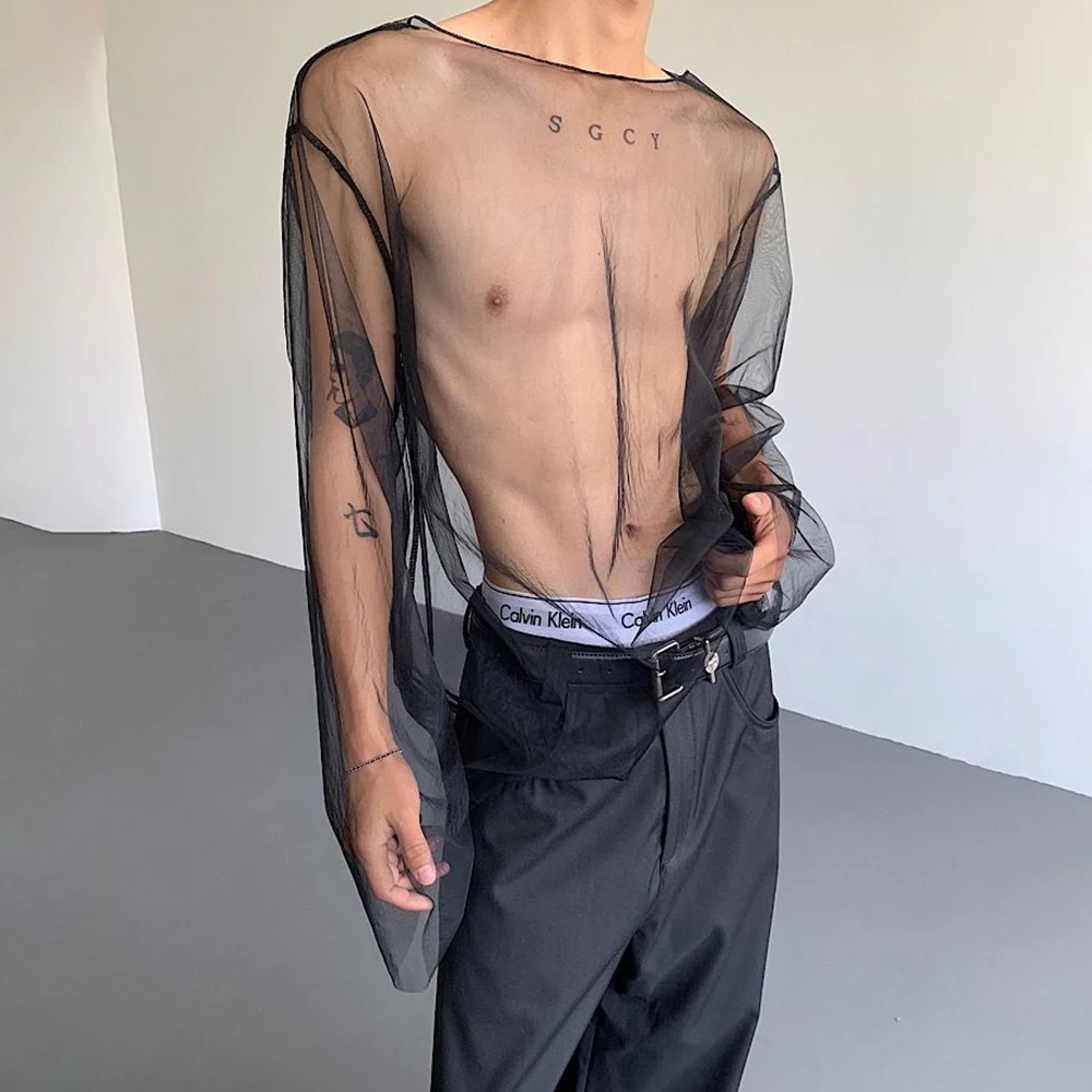 2026 Summer New Men's Solid Color Sheer Long-Sleeve T-Shirt American Retro Fashion Trendy High Street Loose Casual Men's Top