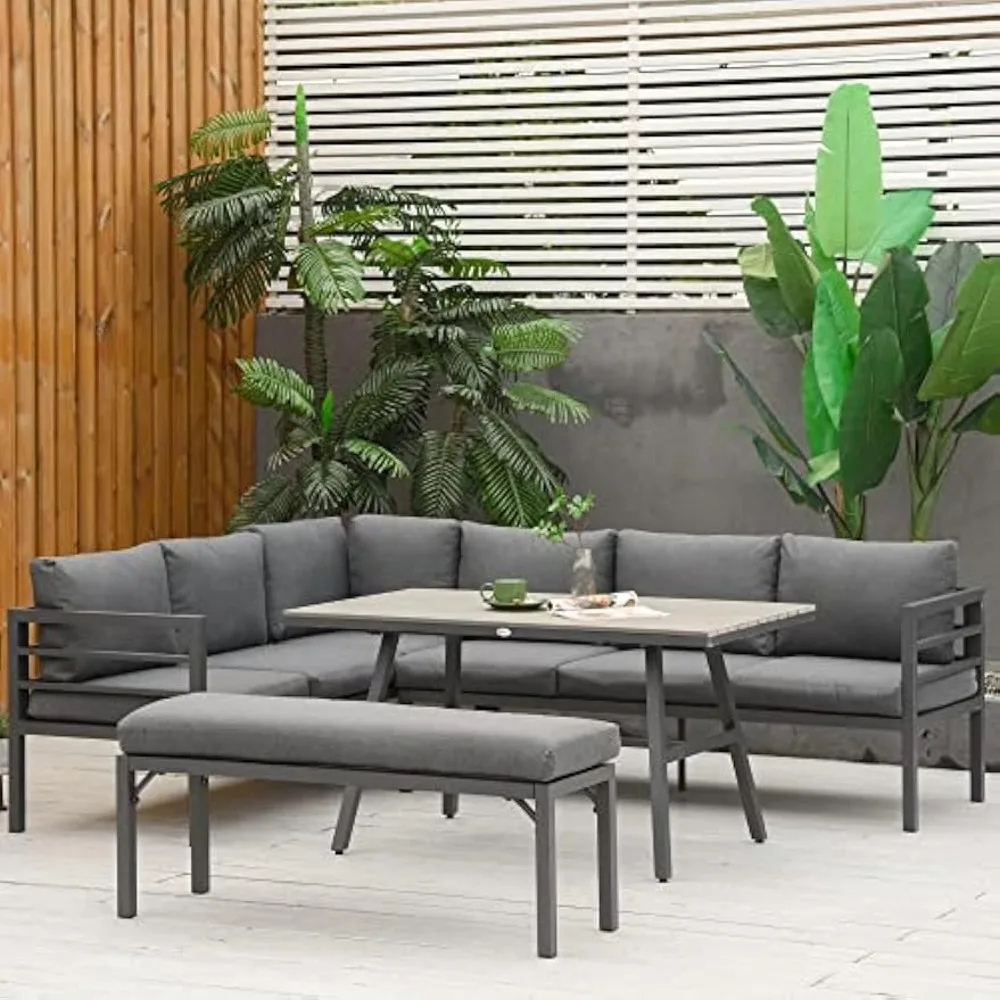 4 Piece Patio Furniture Set, Outdoor L-Shaped Sectional Sofa with 2 Couches, Bench, Dining Table, Cushions, Aluminum