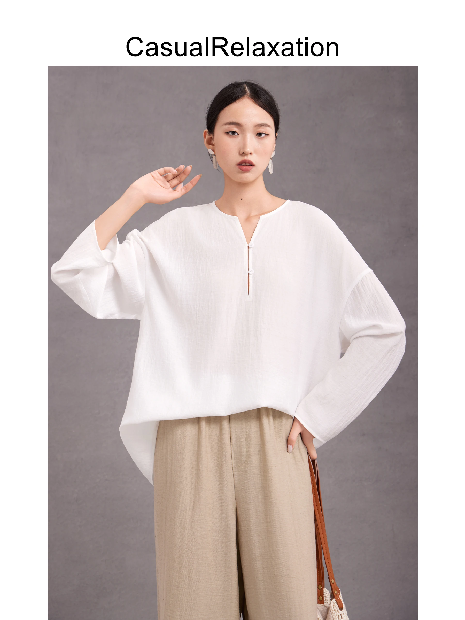 

Ele White Casual irt Loose Fit Ladies Top Simple Design Commute Friendly T-irt for Women Summer Long Sve Button up