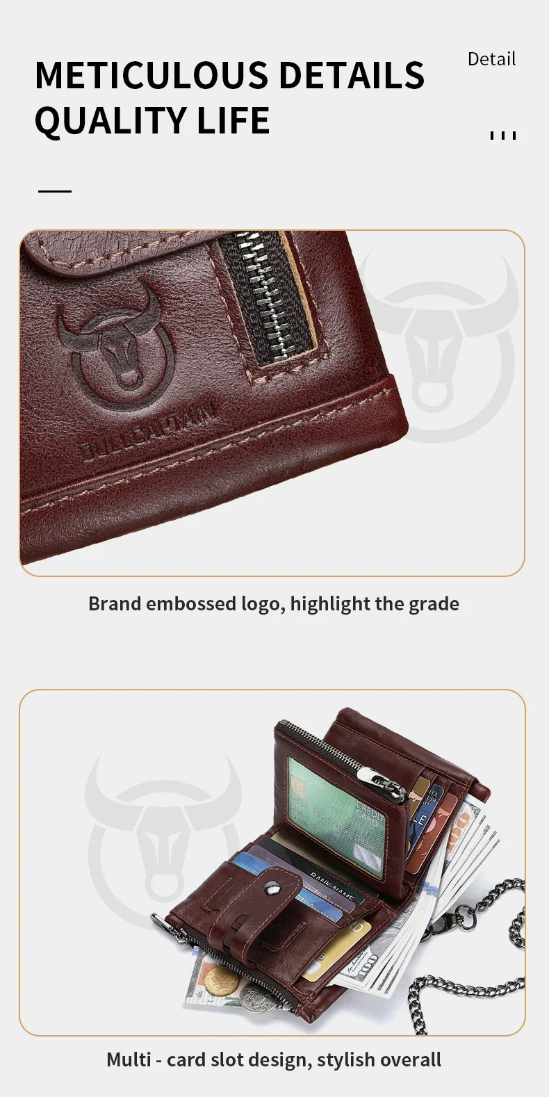 BULLCAPTAIN Geschenkbox Herren Echtleder-Geldbörse Multifunktionale RFID-Diebstahlschutz-Geldbörse mit Eisenkette und Münzfach – Detail 13