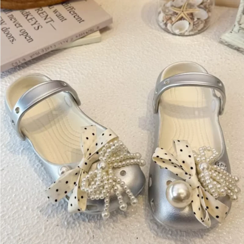 Luxury Pearl Crystal Ballet Clogs Decorations Girls Korean Retro Polka Dot Bowknot Shoe Charms Set Women Summer Shoe Accessories