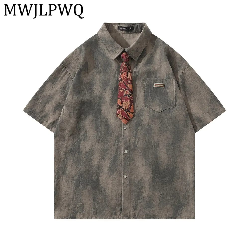 

MWJLPWQ Tie-Dye Camouflage Short-Sleeve College Style ShirtSummer Men's Hip-Hop Vibe Lace-Up Collar Loose Casual Tops 15508