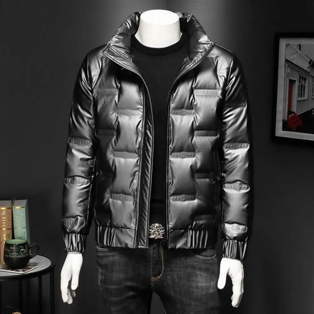 Men Down Cotton Jacket Autumn Winter Long Sleeves Stand Collar Coat Cuffed Zipper Casual Shiny Warm Male Short Coat