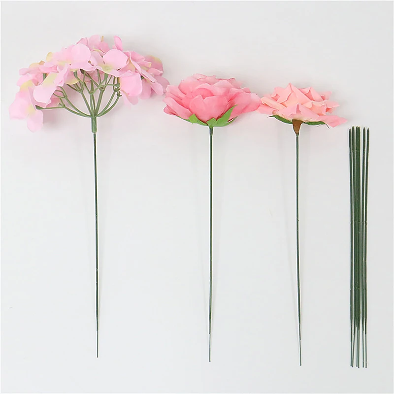 100Pcs/Pack 17/25/30cm Artificial Flower Stems Rose Leaves Base Iron Wire Stem DIY Soap Paper Flower Stub Stems Craft Decor