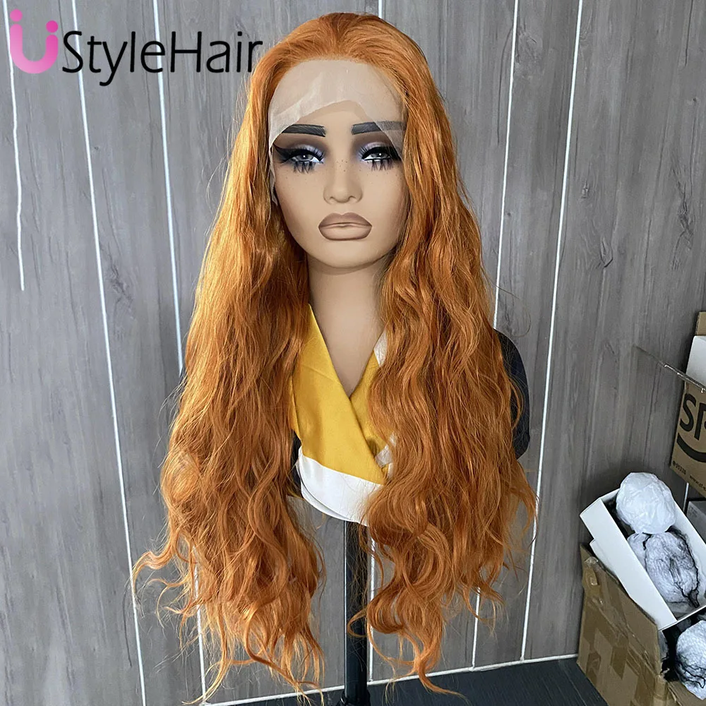 Orange Lace Front Wig Synthetic Long Natural Wave Wig Natural Looking Loose Curly Daily Use Wig Heat Resistant Cosplay Wigs