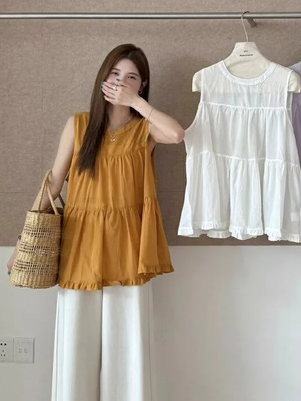 

Сладкий топ без рукавов в корейском стиле, свободный топ с круглым вырезом, женская летняя модная рубашка из дышащего полиэфирного волокна