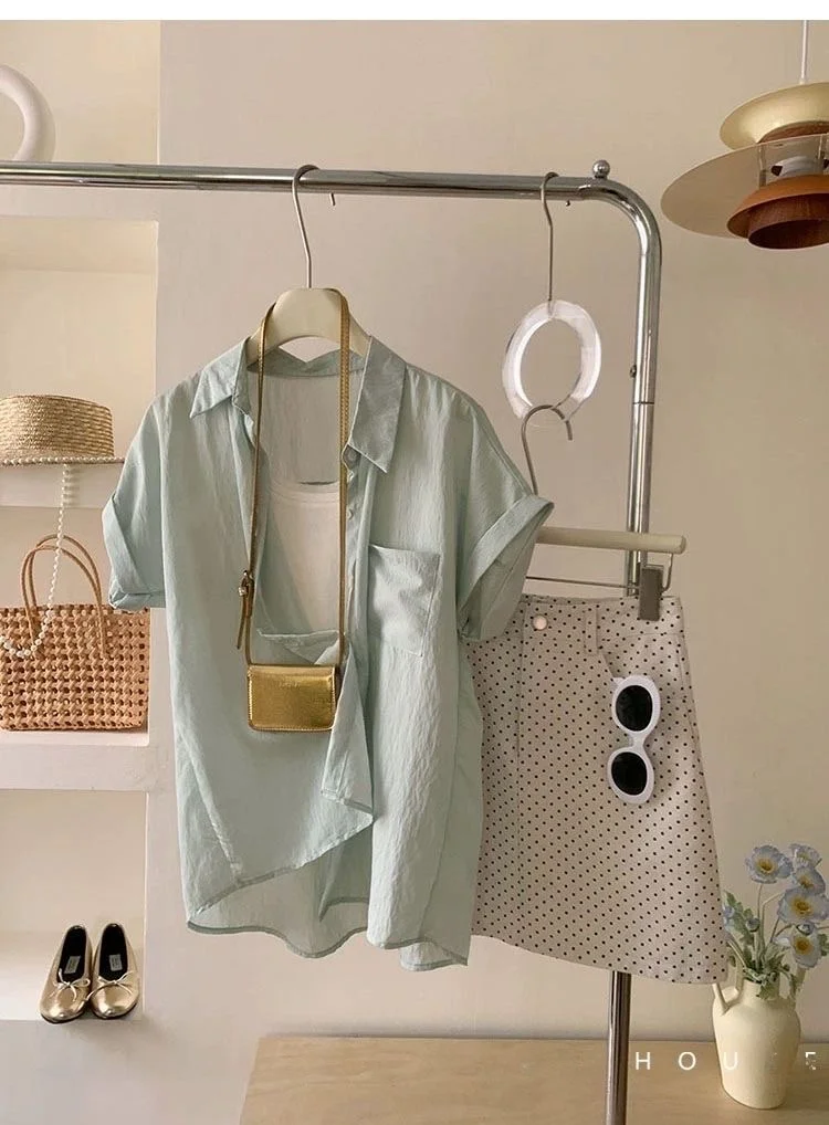 

Корейский Sle ort Sve Ice Silk Texture плиссированный irt женский летний тонкий дизайн простой одинаковый верхний воротник свободного покроя