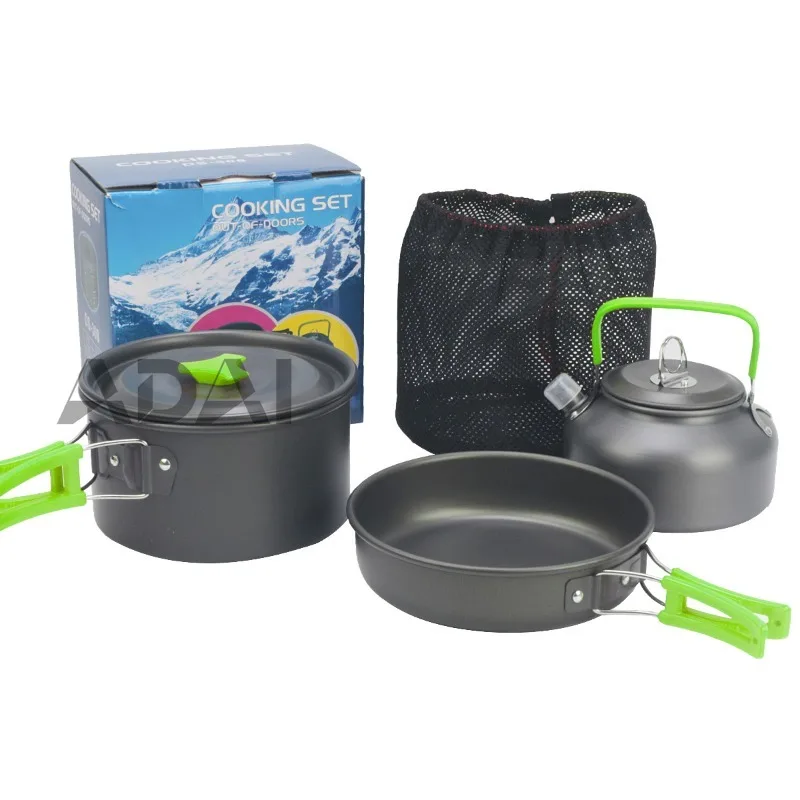 Juego portátil para acampar al aire libre para 2-3 personas más combinación de tetera, olla de óxido de aluminio duro, fácil de guardar y antideslizante