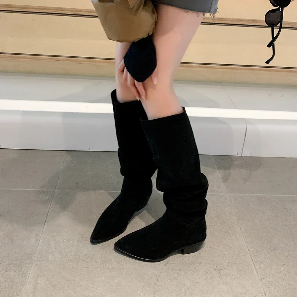 NEW Autumn Women Boots Cow Suede Leather Shoes for Women Pointed Toe Chunky Heel Shoes Slip-On Pleated Boots Knee-high Boots