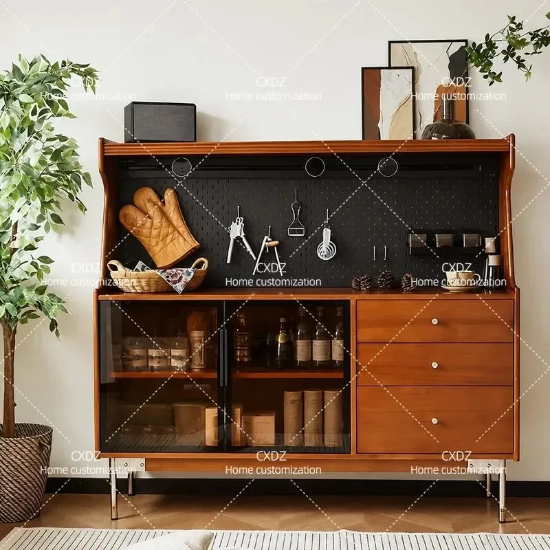 Solid Wood Retro Dining Side Cabinet Medieval Style Storage Locker Living Room Tea Cabinet Display Shelf Household Furniture