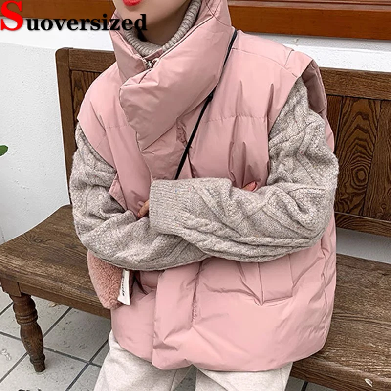 Korean Thicken Down Cotton Vest Winter Warm Puffy Waistcoat Windproof Stand Collar Sleeveless Jackets Loose Fashion New Chaleco