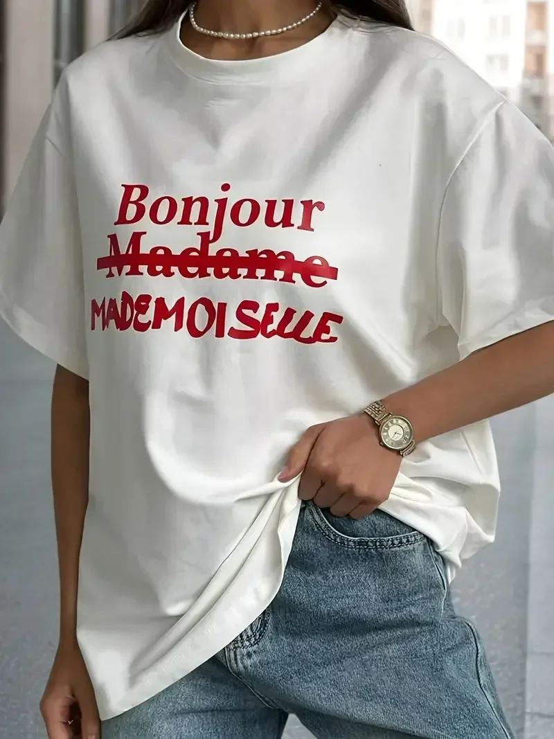 

Футболка BONJOUR Red Art с буквенным принтом, женская модная футболка, повседневная летняя футболка с круглым вырезом, женская футболка