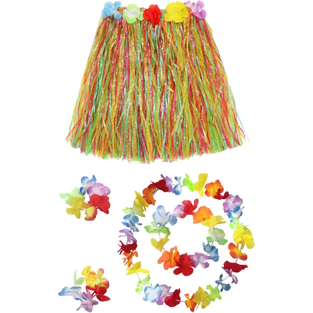 

1Set Hawaiian Luau Hula Skirt Costume Flower Garland Bright Colors Durable Hawaiian Party Supplies Beach Wedding