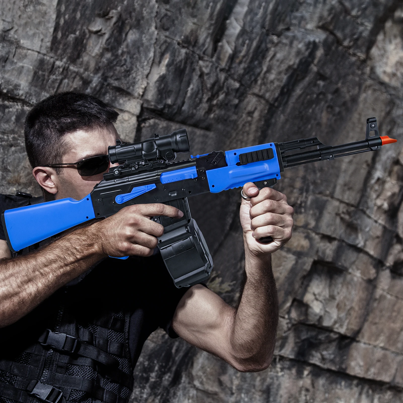 자동 및 수동 블래스터 AK 장난감, 롤러 자석 슈팅 게임, 14 세 이상 블루, 2 가지 모드