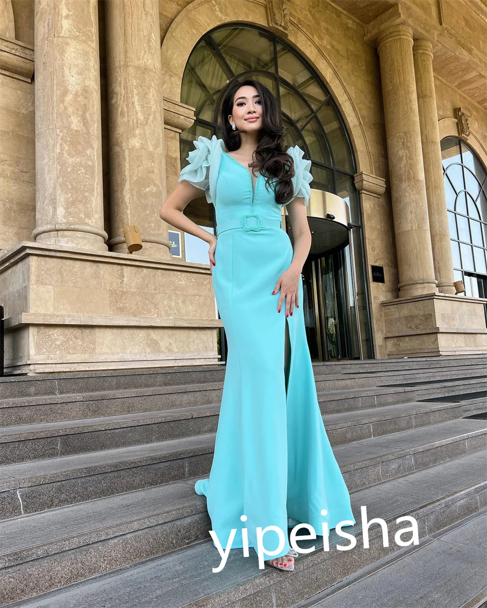 Customized Exquisite Matching V-neck Mermaid Floor Length Evening Dress Formal Ocassion Gown Flower Satin vestido de festa mulhe