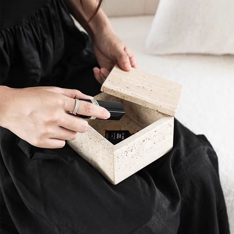 حاويات تخزين من الرخام الطبيعي، حامل أعواد قطنية، صندوق صينية من الحجر الجيري لـ Qtips، والمكياج، والحمام، والمنزل