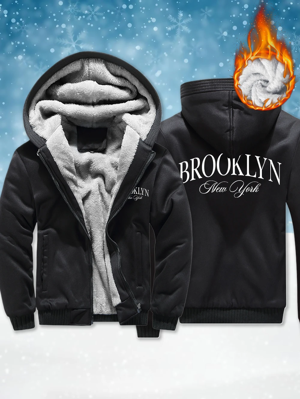 

Brooklyn New York Letter Prints Men'S Thicken Outerwear Winter Thermal Zipper Coats Fleece Warm Windproof Jackets Men Clothes
