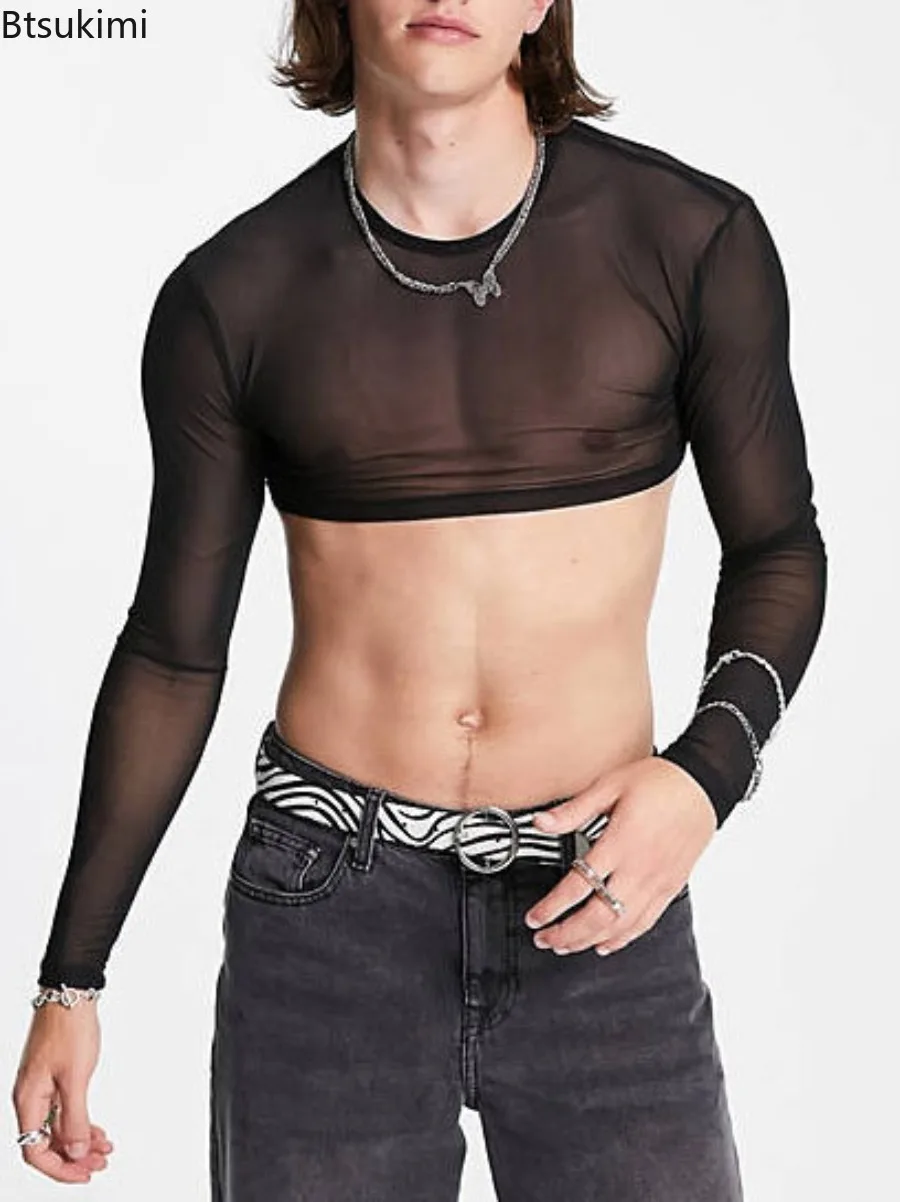2026 Men's Mesh Crop Tops See-through Mock Neck Long Sleeve T-shirt Cover Ups Beachwear Clubwear Pole Dancing Stage Performance